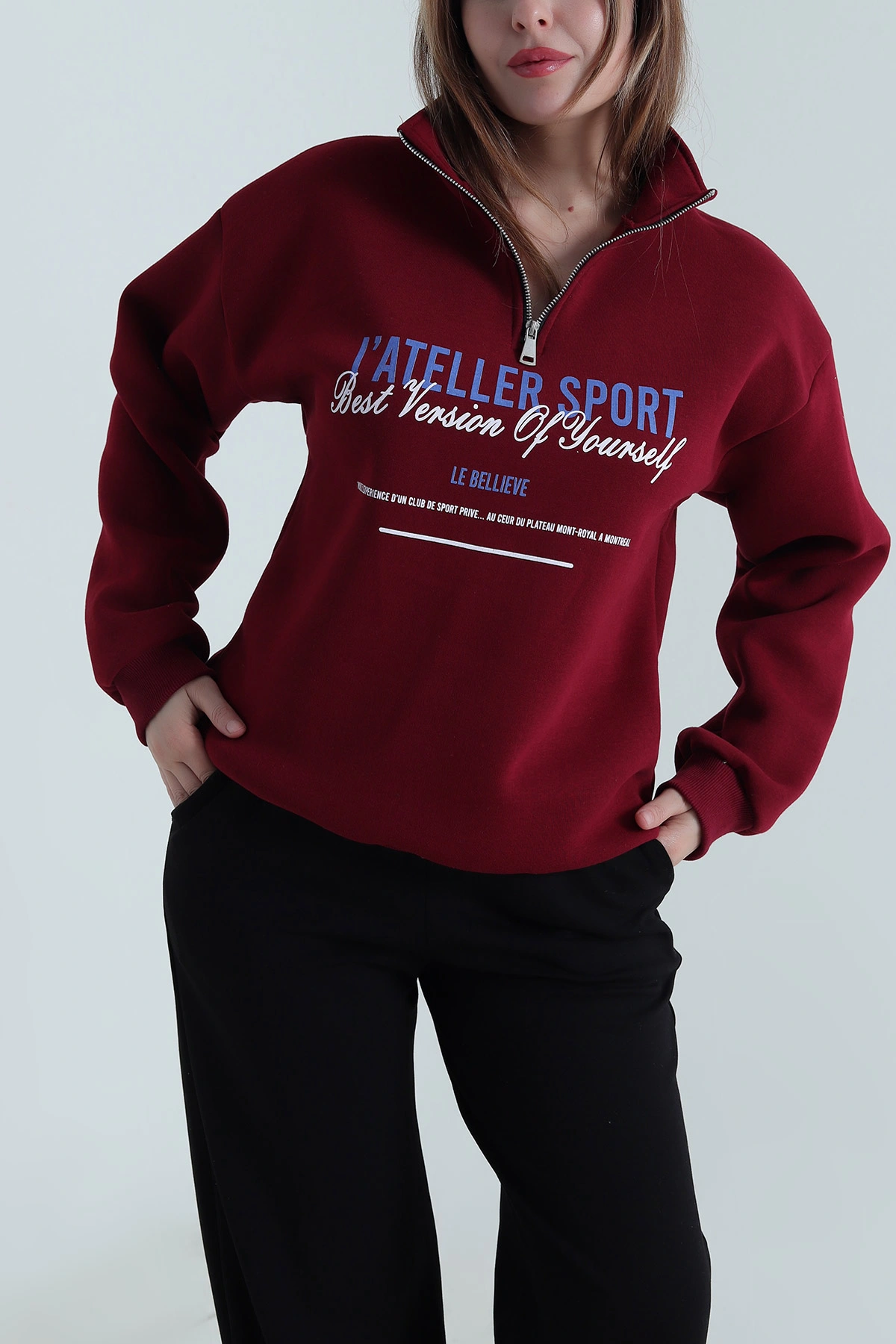 Bordo Şardonlu Üç İp Kadın Fermuarlı Sweat 494739