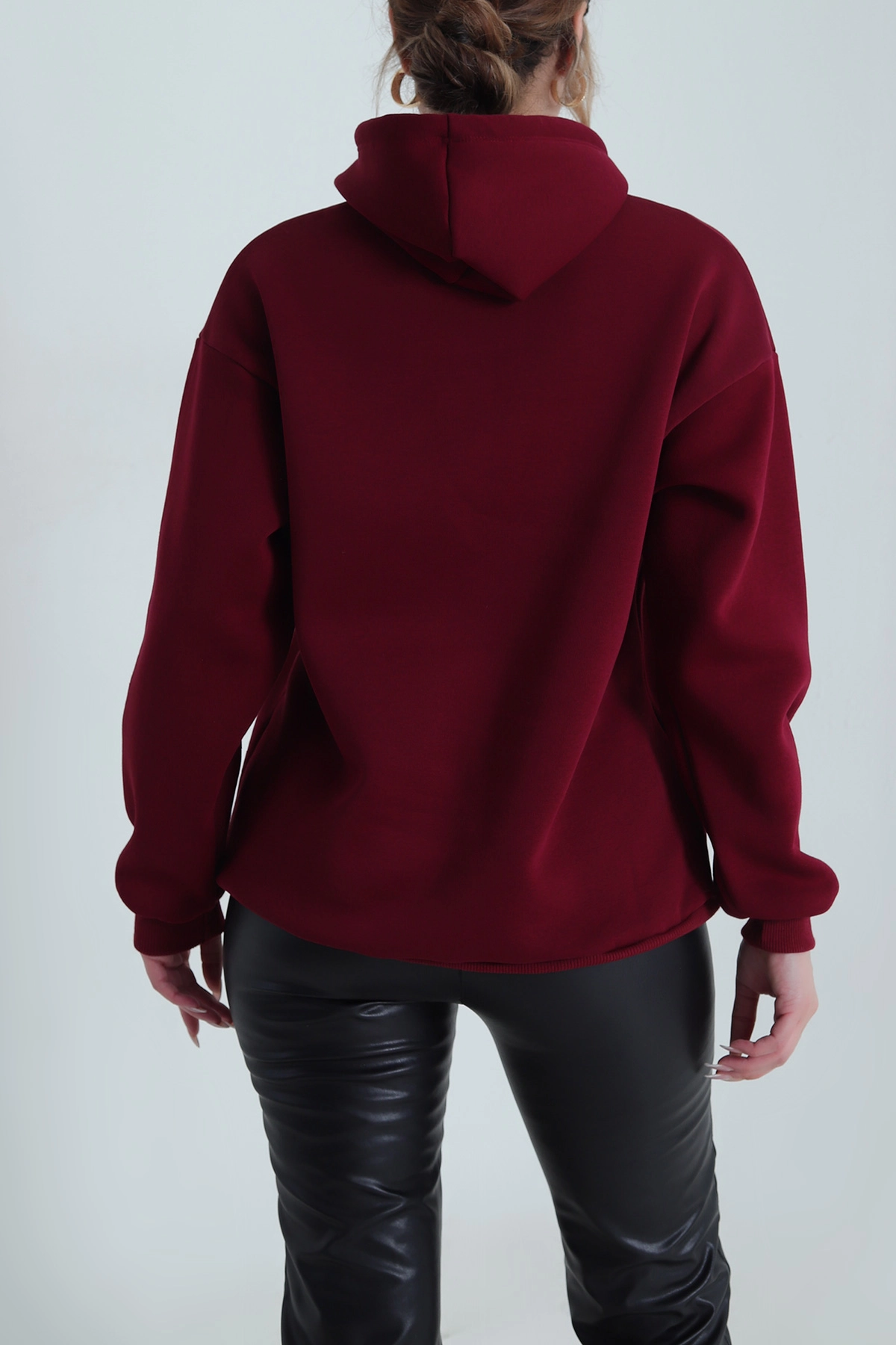 Bordo Şardonlu Üç İp Kadın Fermuarsız Sweat 490210