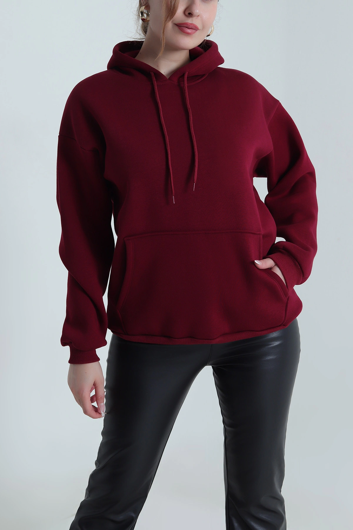 Bordo Şardonlu Üç İp Kadın Fermuarsız Sweat 490210
