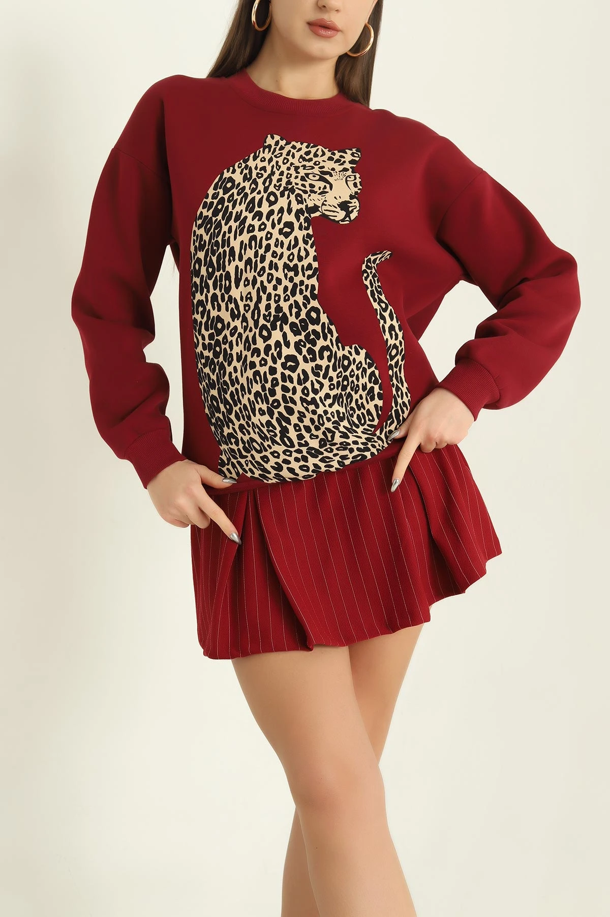 Bordo Şardonlu Üç İplik Bayan Sweat 326318