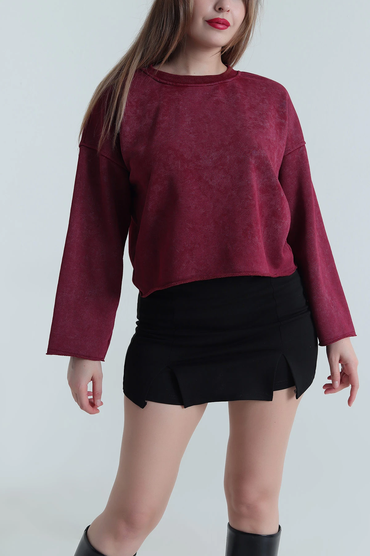 Bordo Şardonsuz Üç İp Kadın Fermuarsız Sweat 494338