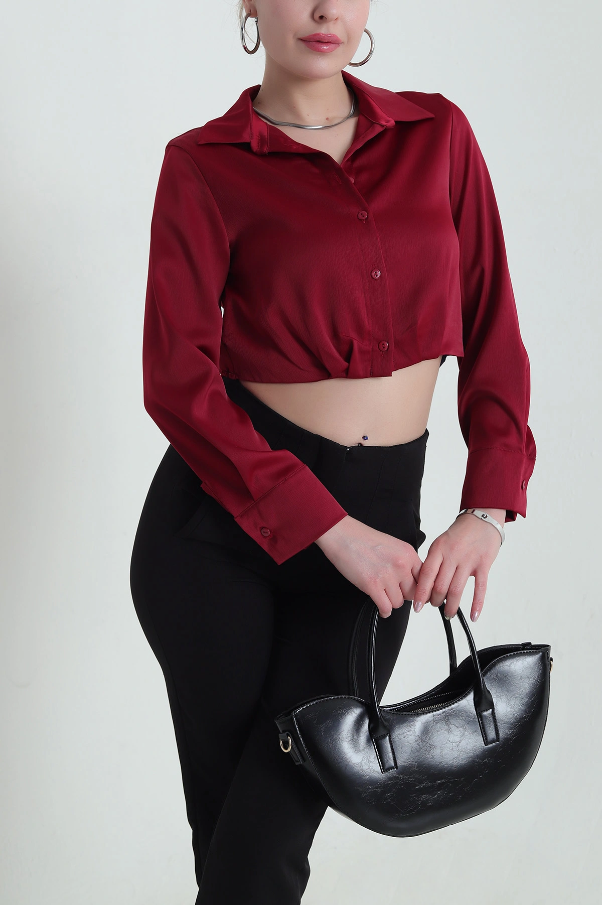 Bordo Saten Crop Kadın Gömlek 433424