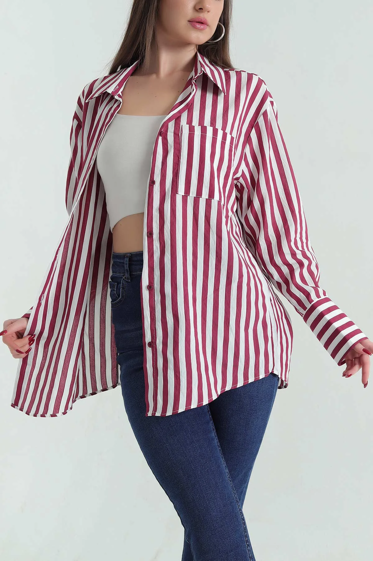 Bordo Saten Dokuma Geçişli Oversize Gömlek 334915
