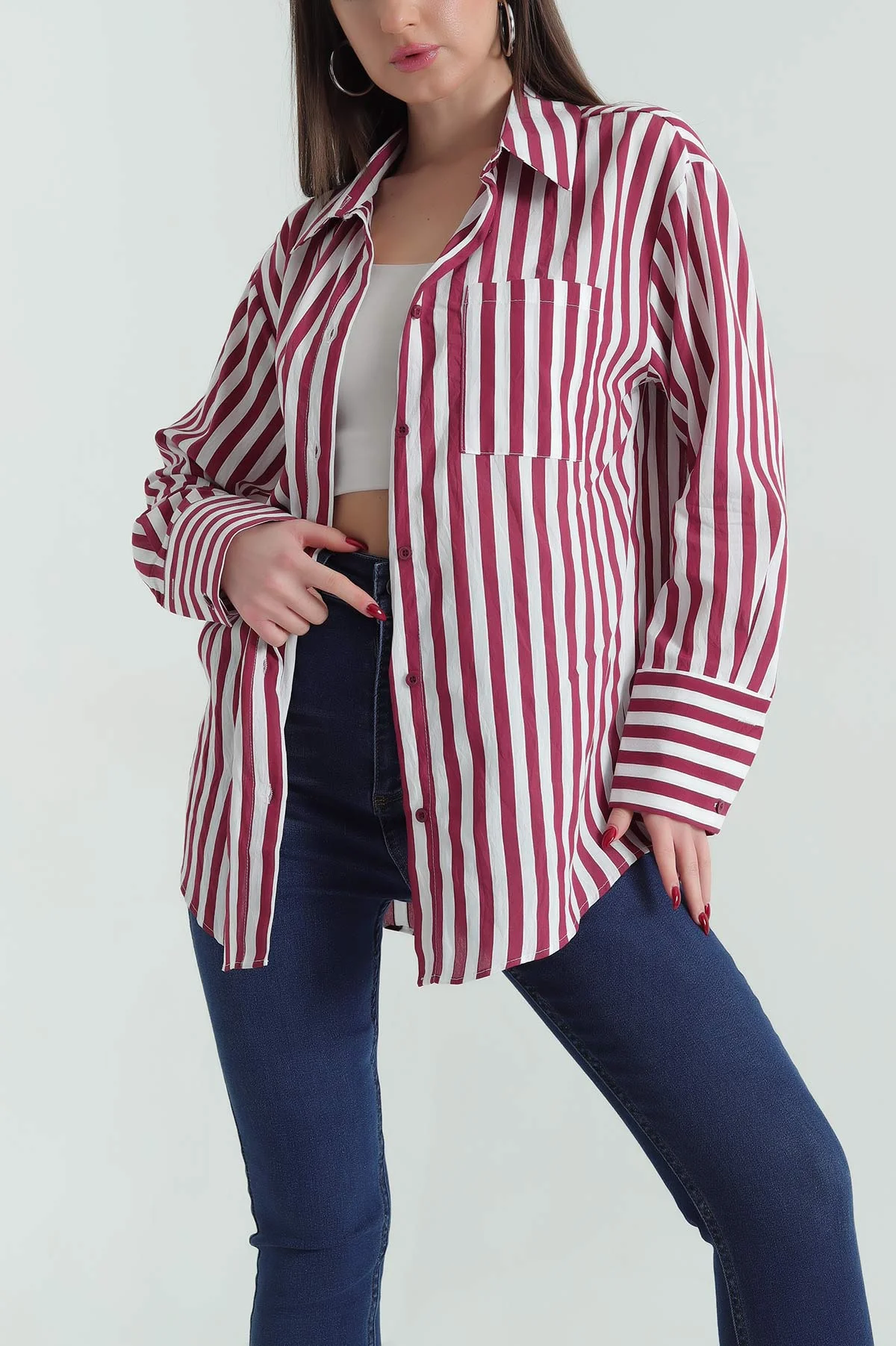 Bordo Saten Dokuma Geçişli Oversize Gömlek 334915