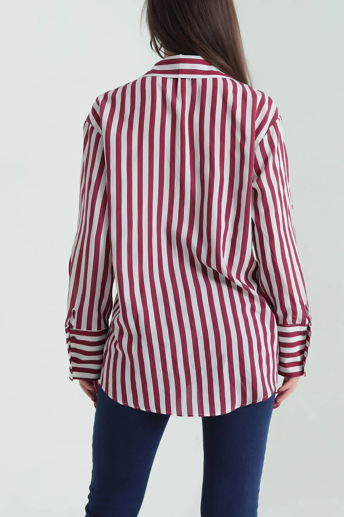 Bordo Saten Dokuma Geçişli Oversize Gömlek 334915