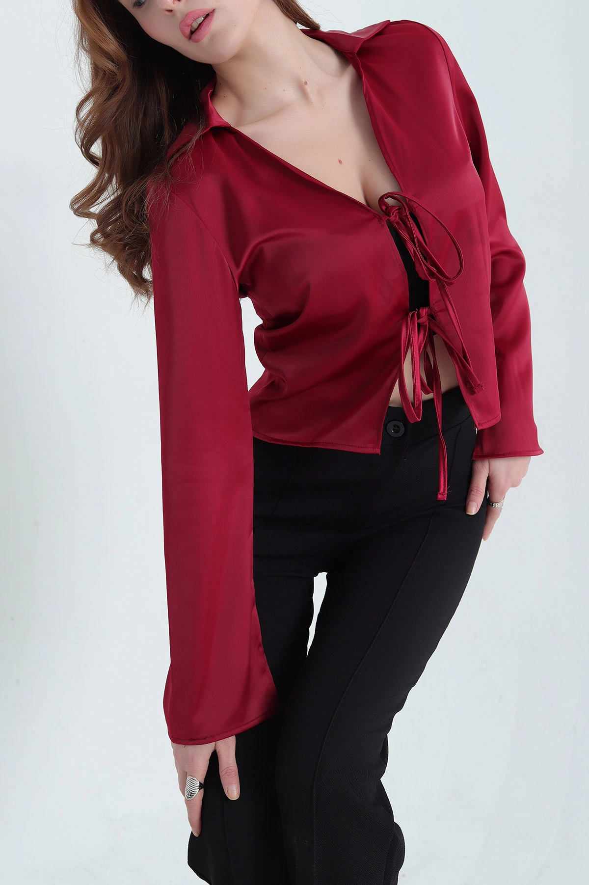 Bordo Saten Önden Bağlamalı Gömlek Bluz 337988