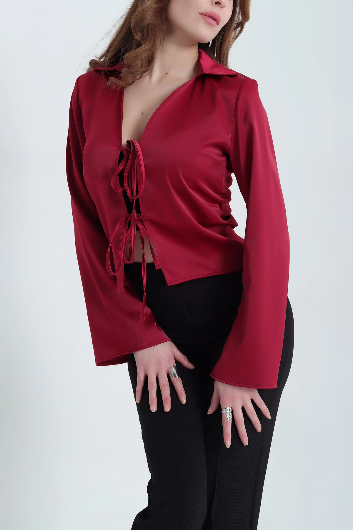 Bordo Saten Önden Bağlamalı Gömlek Bluz 337988