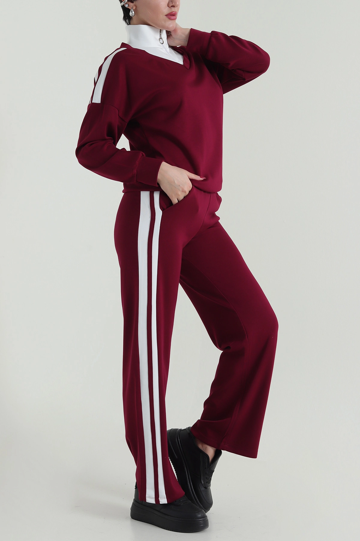 Bordo Şerit Detay Likralı Modal Kadın İkili Takım 418707
