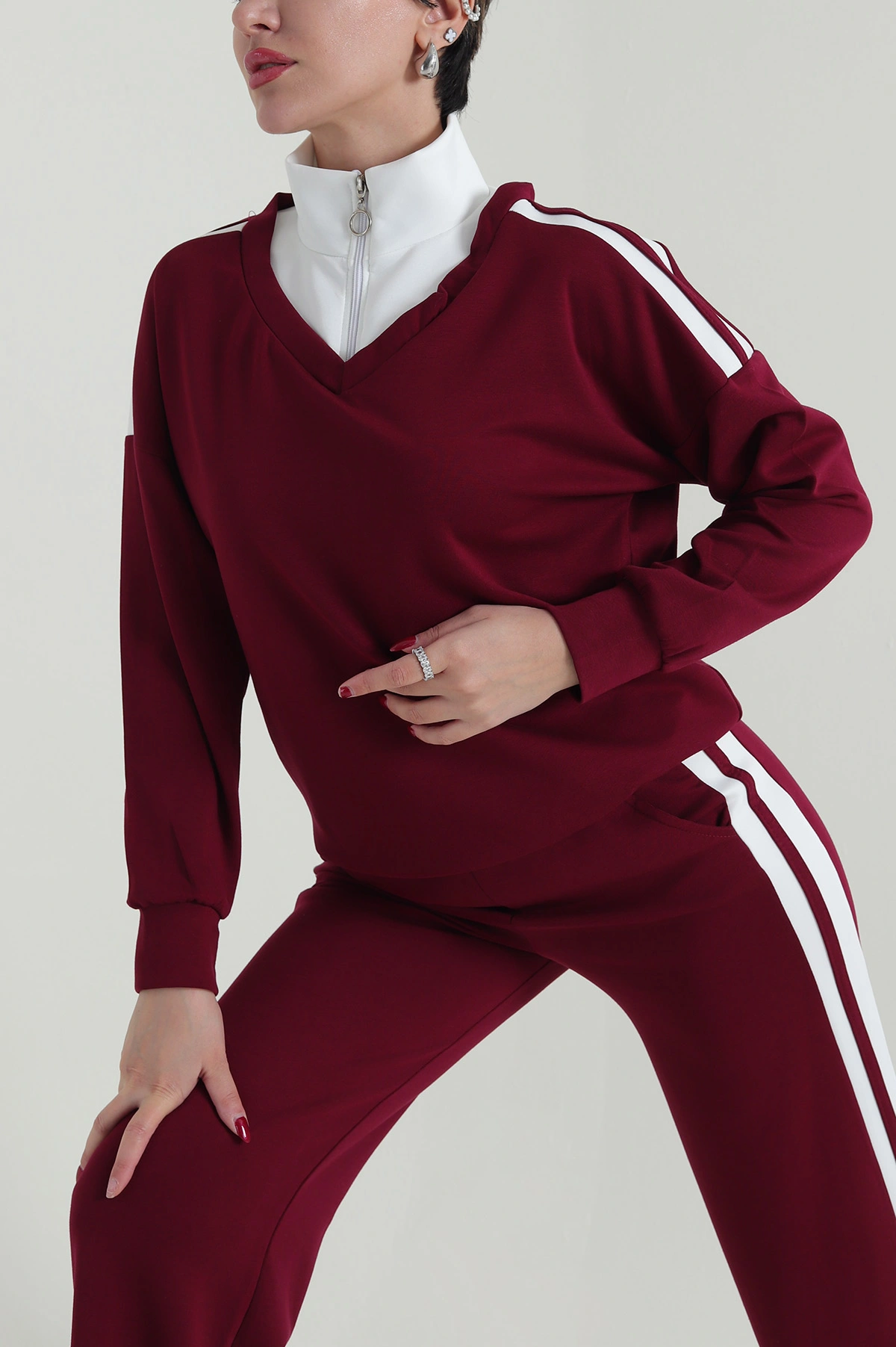Bordo Şerit Detay Likralı Modal Kadın İkili Takım 418707