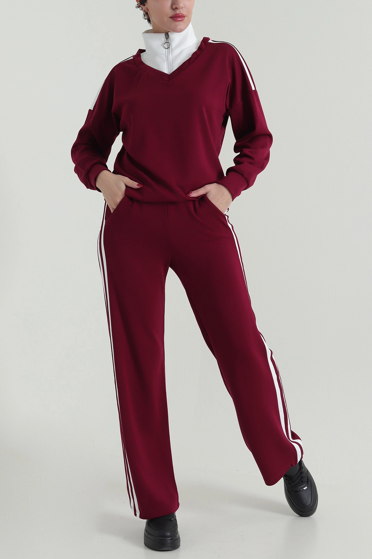 Bordo Şerit Detay Likralı Modal Kadın İkili Takım 418707