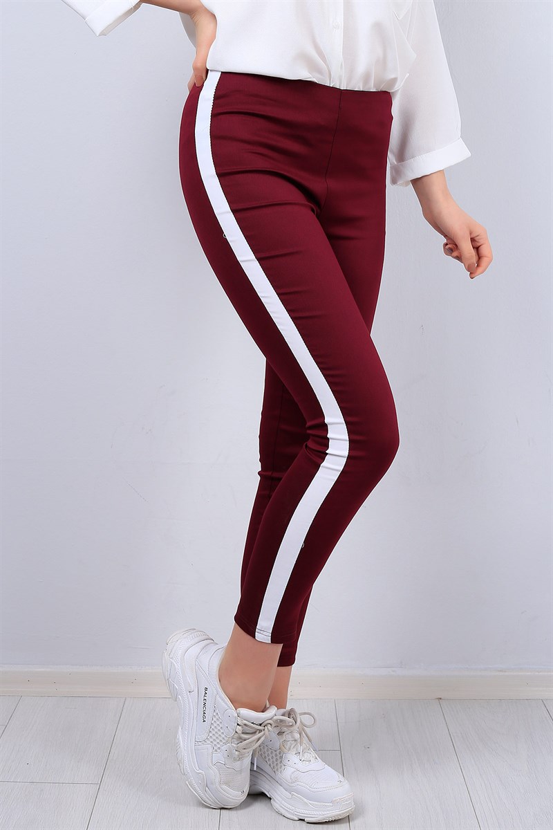 Bordo Şeritli Bayan Pamuklu Tayt 12266B
