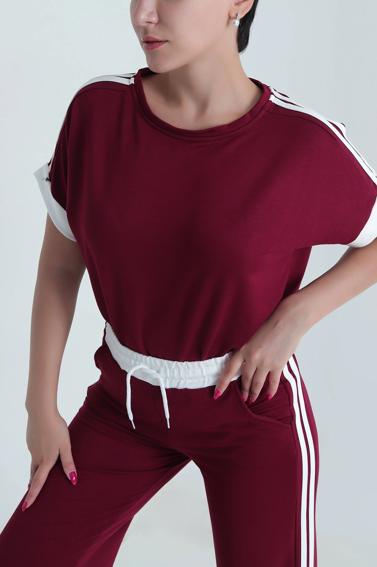 Bordo Şeritli Kristal Kumaş Kadın İkili Takım 478257