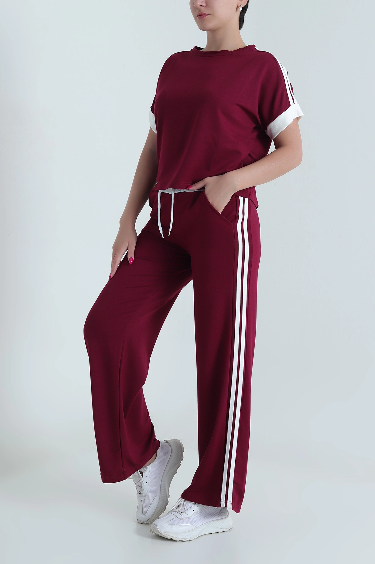 Bordo Şeritli Kristal Kumaş Kadın İkili Takım 478257