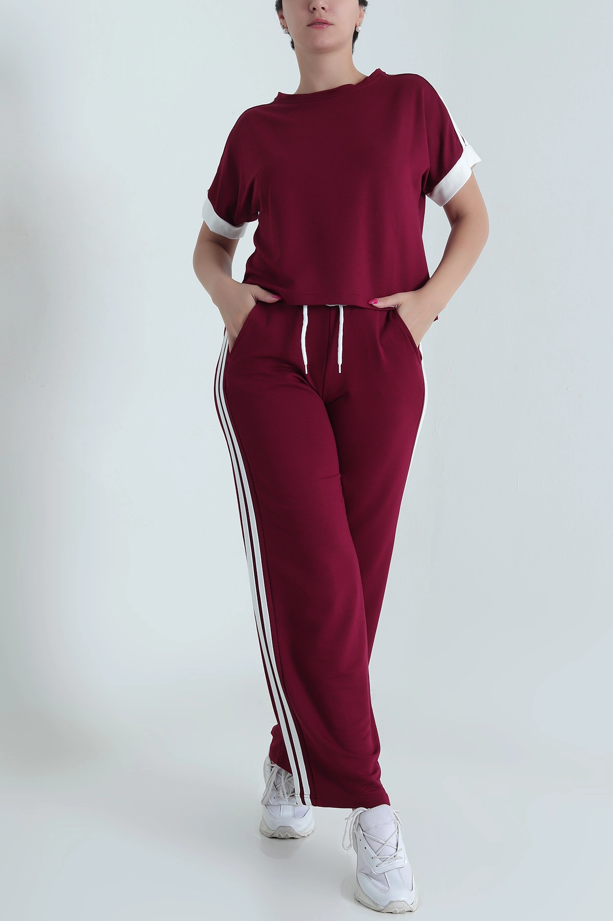 Bordo Şeritli Kristal Kumaş Kadın İkili Takım 478257