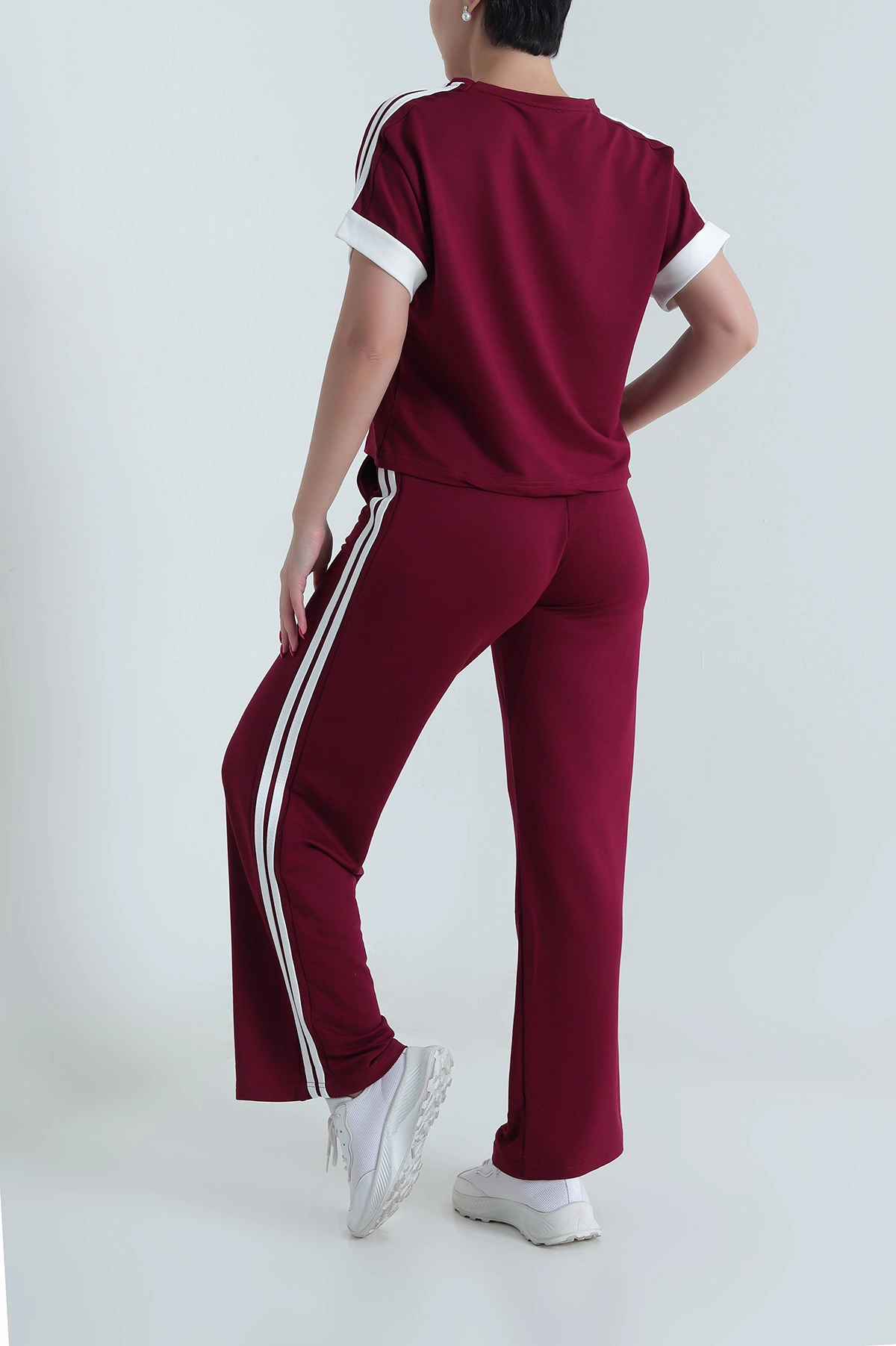 Bordo Şeritli Kristal Kumaş Kadın İkili Takım 478257