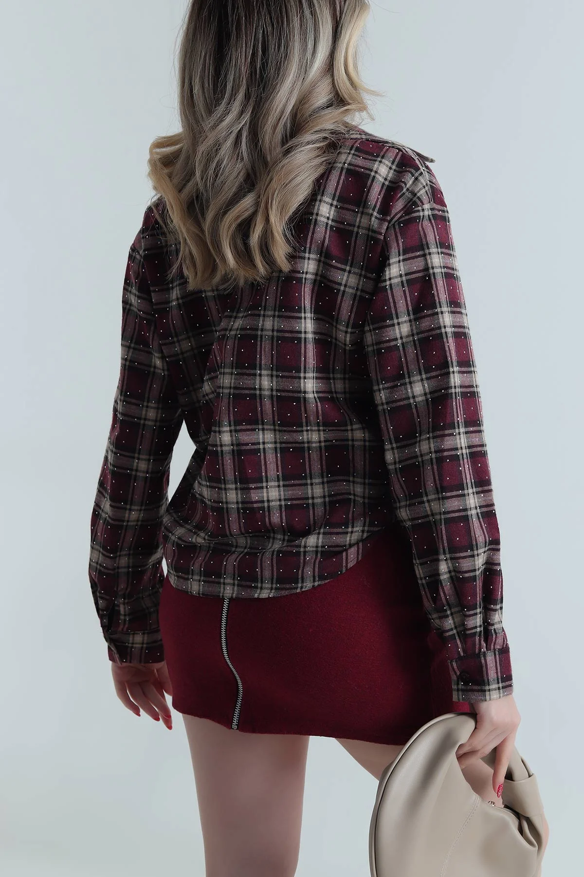Bordo Serpme Taşlı Astarlı Kadın Gömlek Bluz 485590