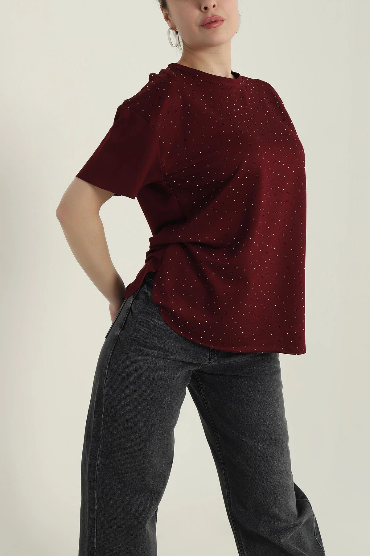 Bordo Serpme Taşlı Kadın Tişört 428932