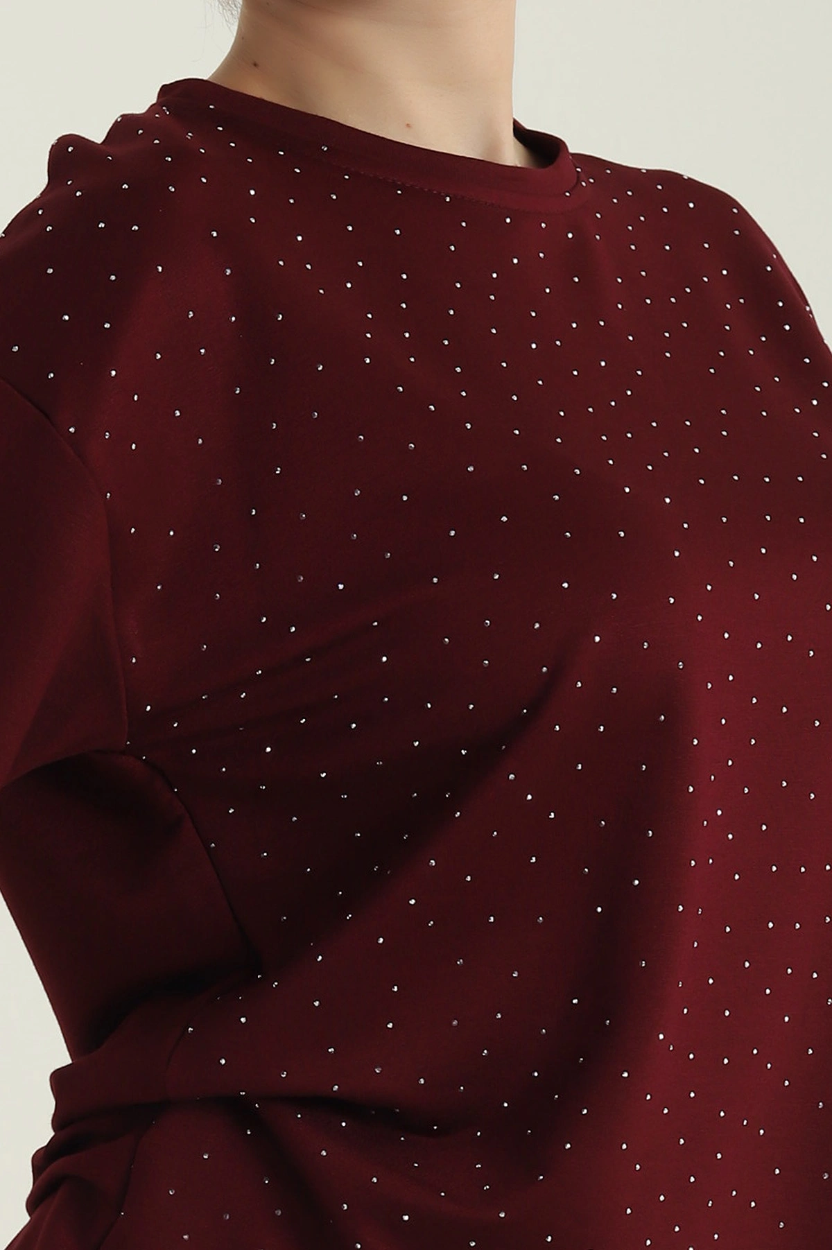 Bordo Serpme Taşlı Kadın Tişört 428932