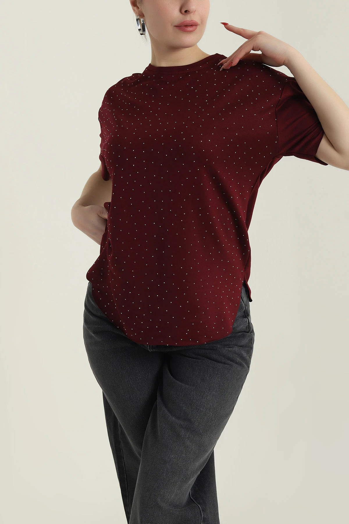 Bordo Serpme Taşlı Kadın Tişört 428932