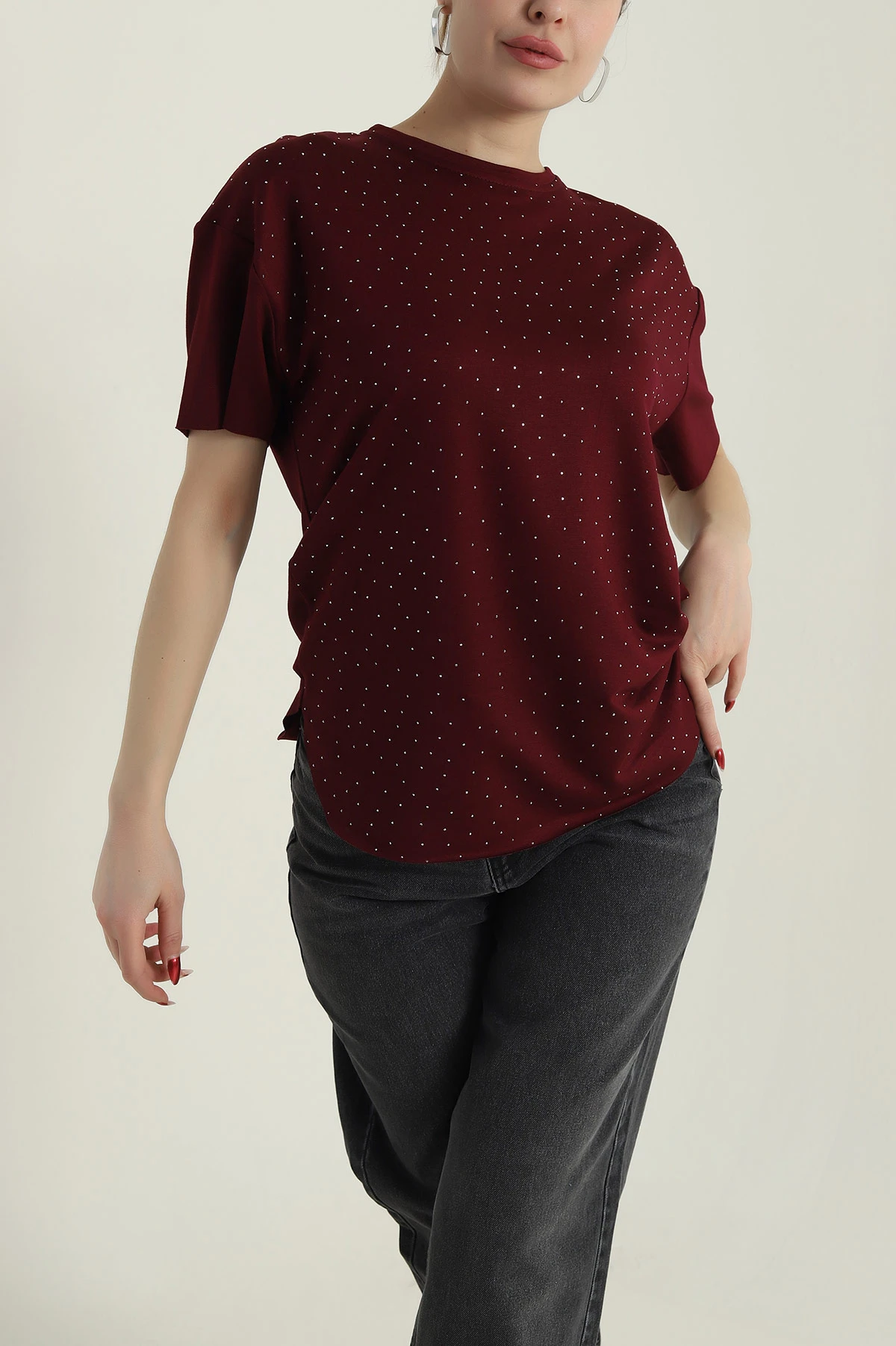 Bordo Serpme Taşlı Kadın Tişört 428932