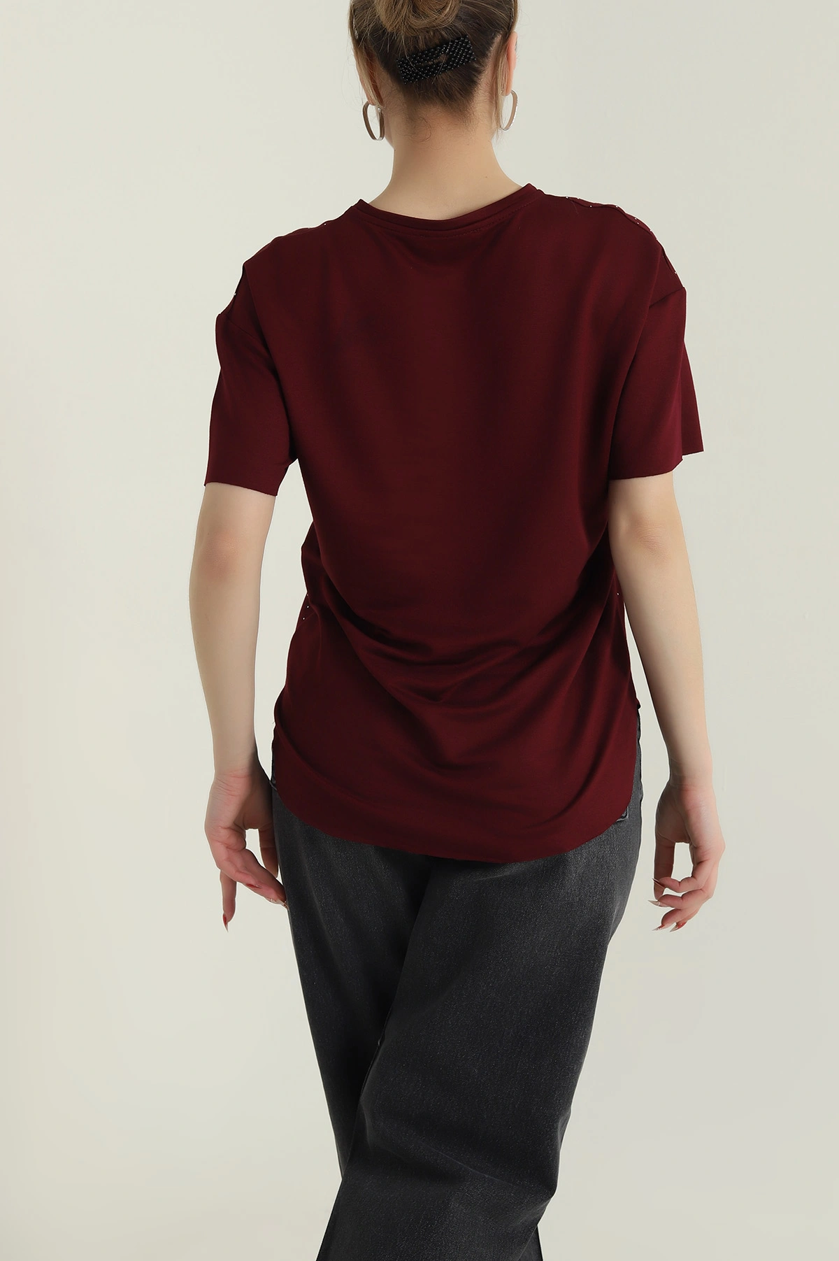 Bordo Serpme Taşlı Kadın Tişört 428932