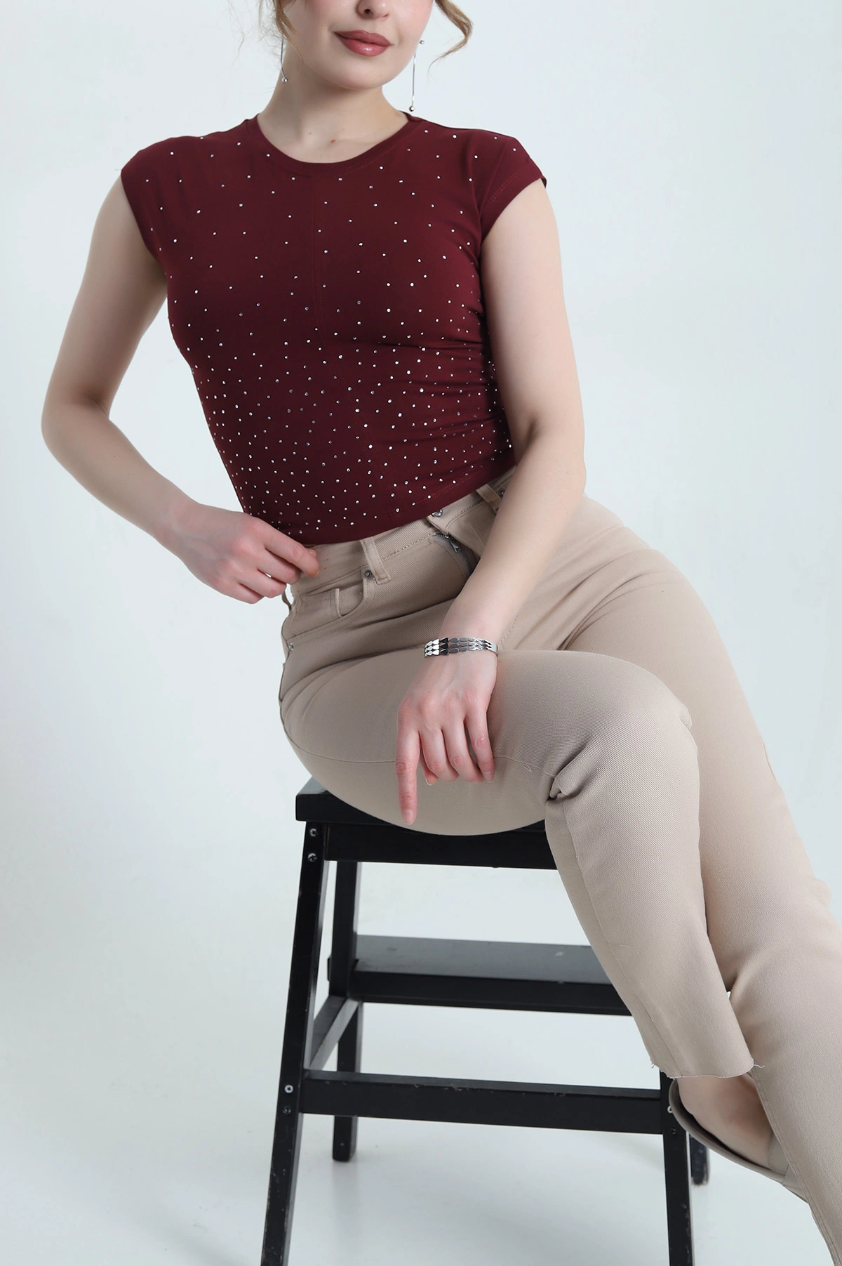 Bordo Serpme Taşlı Süprem Kadın Bluz 453344