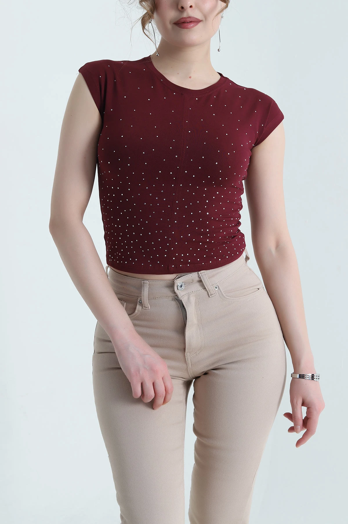 Bordo Serpme Taşlı Süprem Kadın Bluz 453344