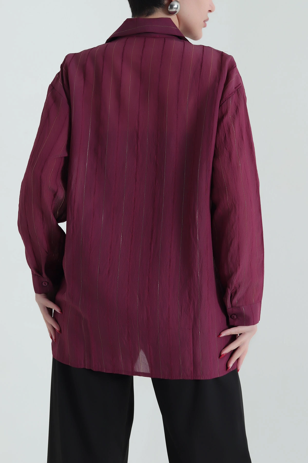 Bordo Sim Çizgili Transparan Kadın Gömlek 437788