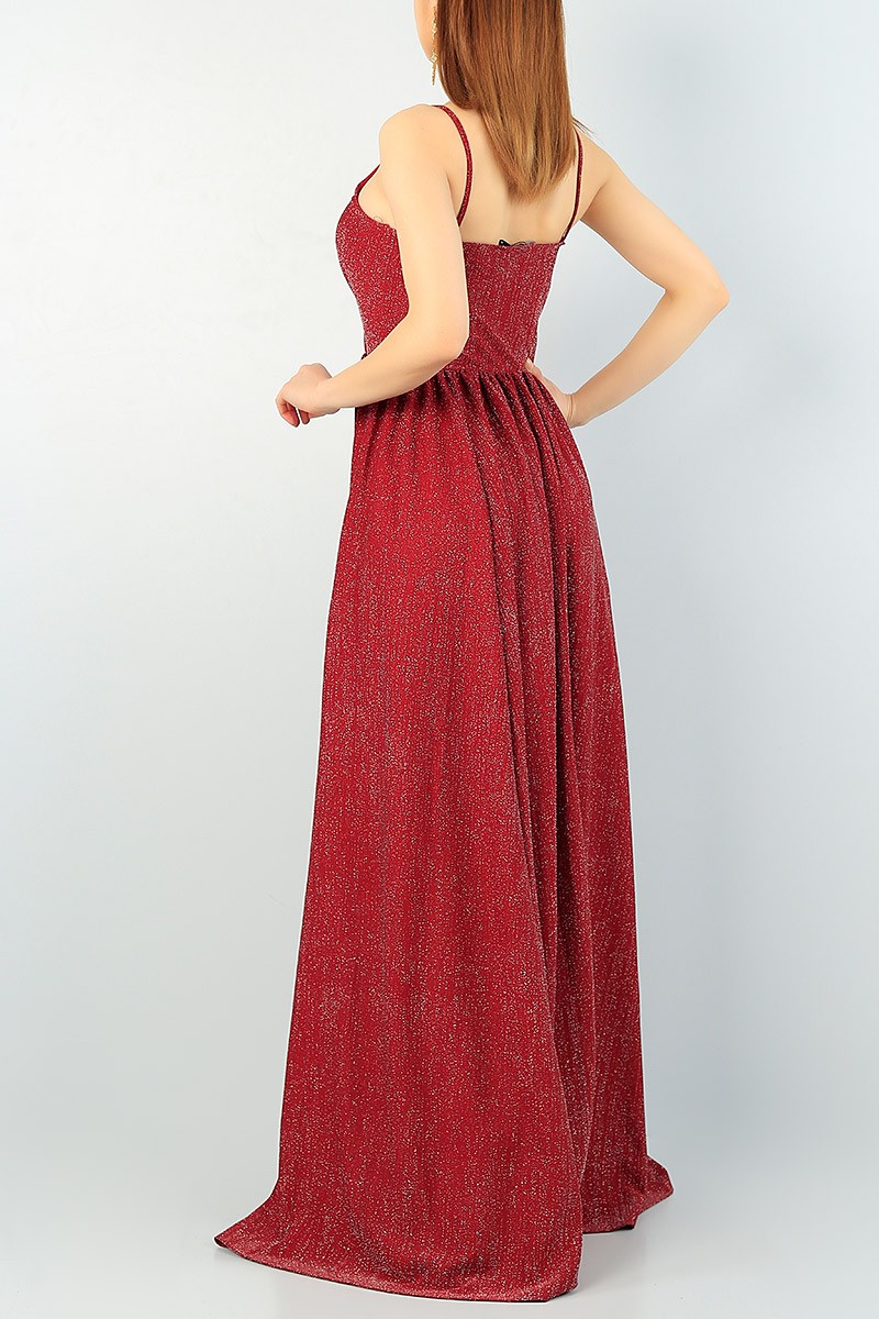 Bordo Sim Kumaş Derin Yırtmaçlı Abiye 64286