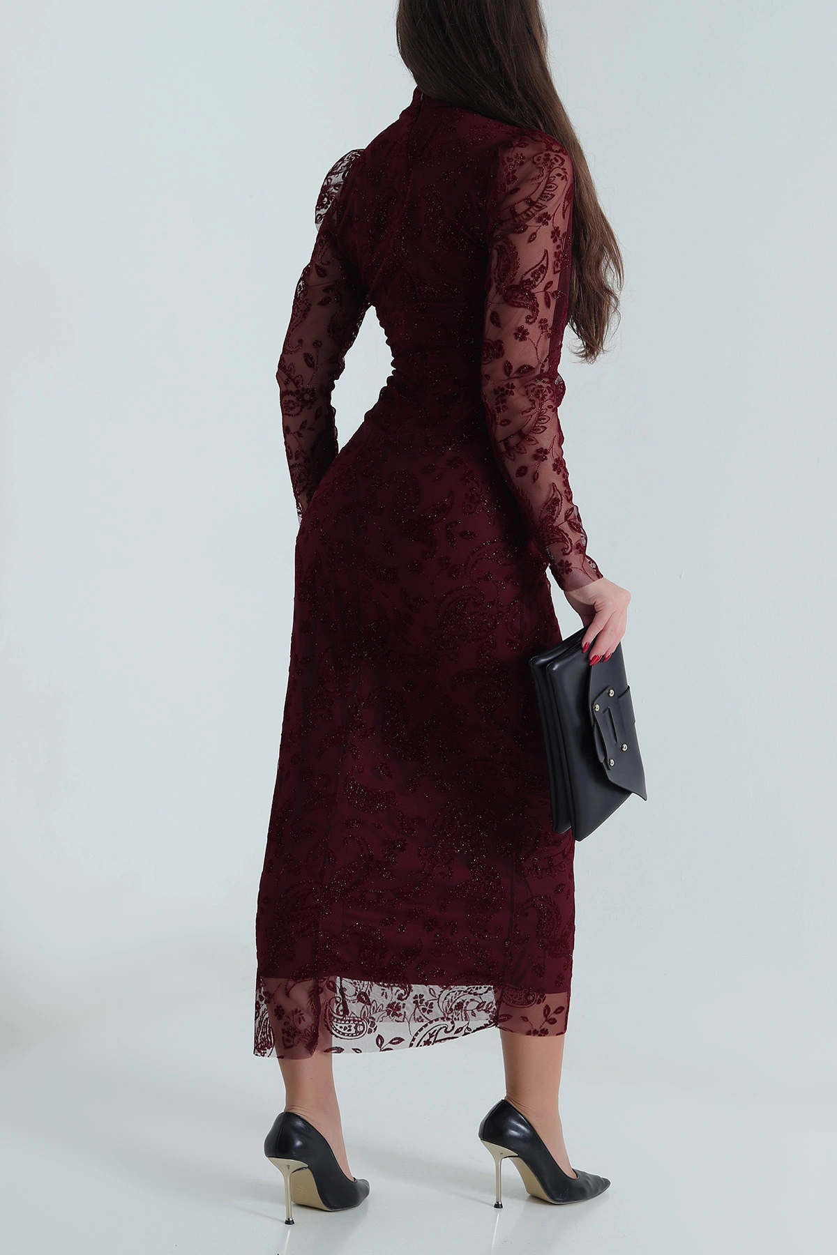 Bordo Simli Flok Baskılı Tül Kadın Elbise 491905