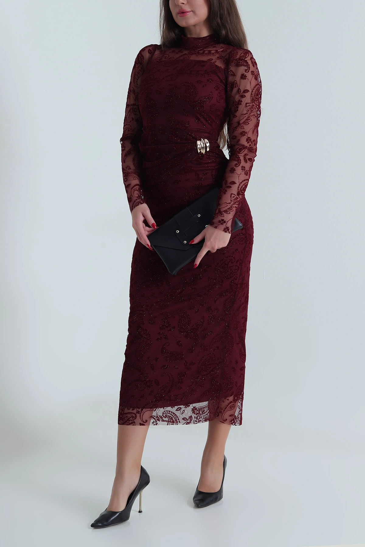 Bordo Simli Flok Baskılı Tül Kadın Elbise 491905