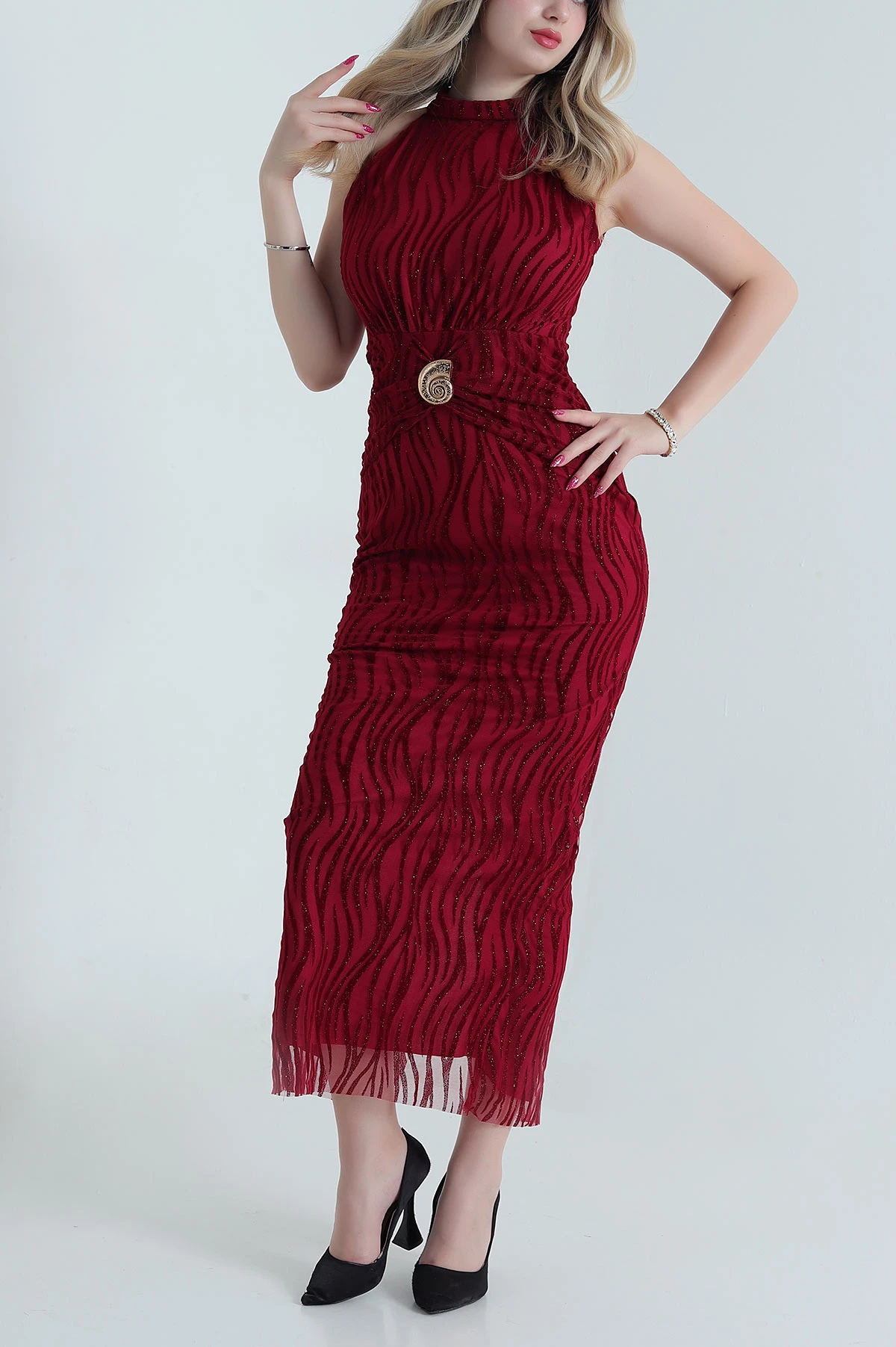 Bordo Simli Flok Tül Kadın Elbise 476560