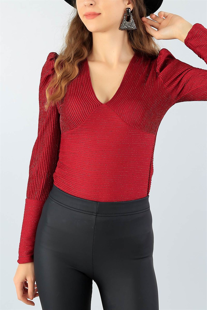 Bordo Simli Nopeli Tasarım Bluz 44967