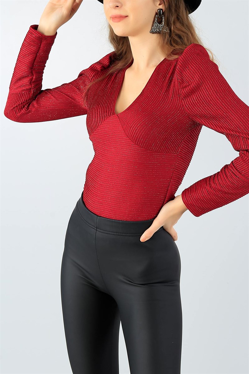 Bordo Simli Nopeli Tasarım Bluz 44967