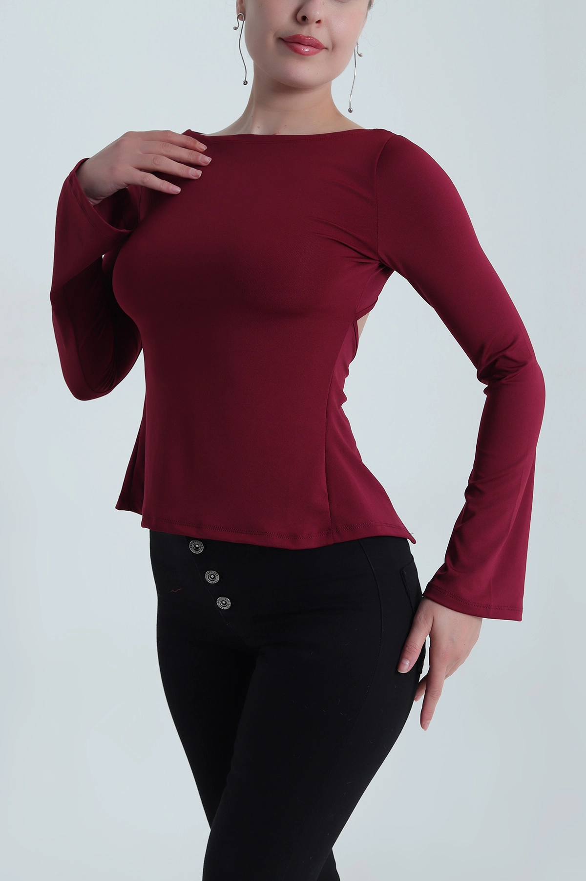 Bordo Sırt Detay İspanyol Kol Scuba Kadın Bluz 483773