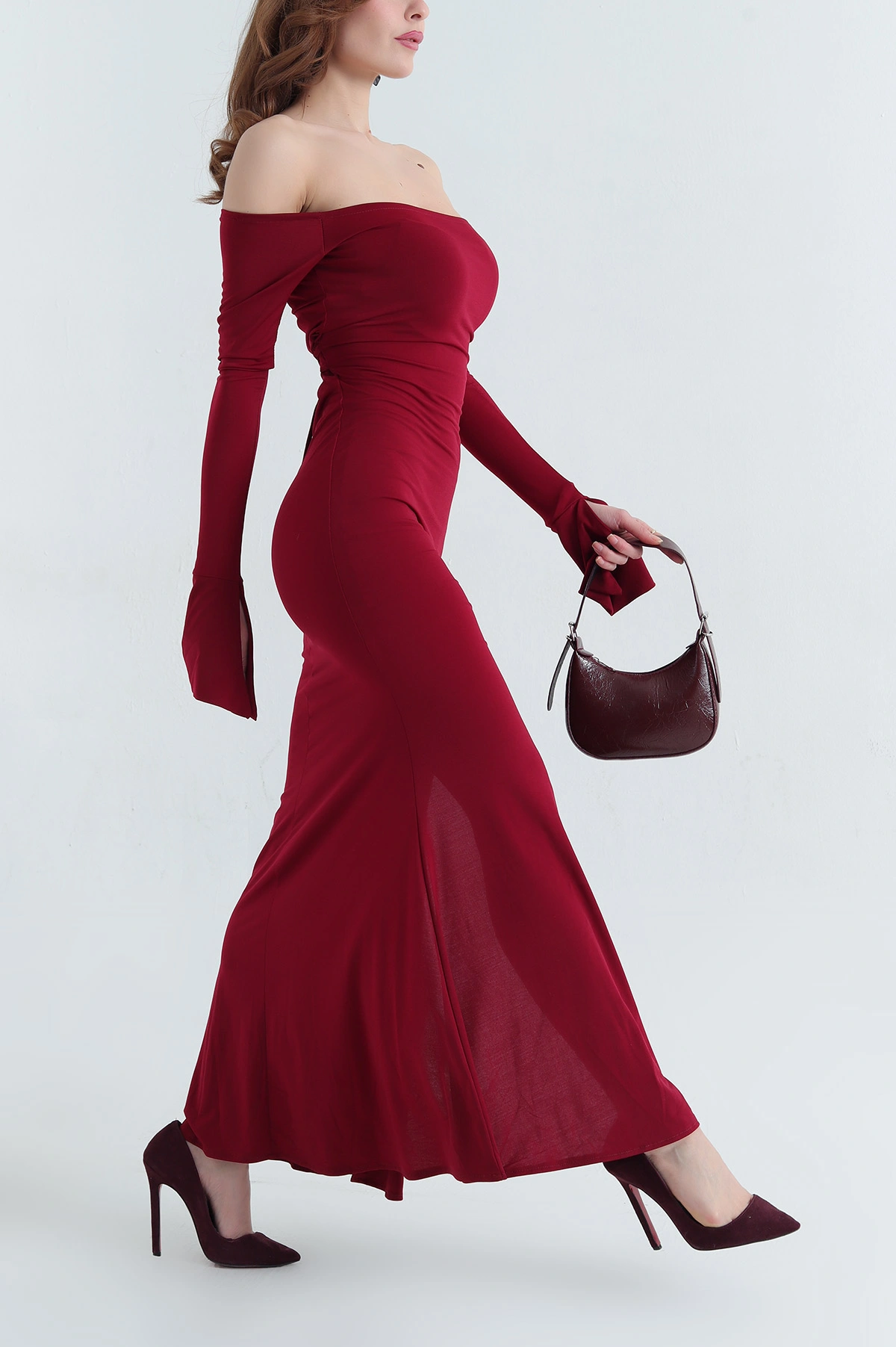 Bordo Sırt Detaylı İspanyol Kol Sandy Elbise 337813
