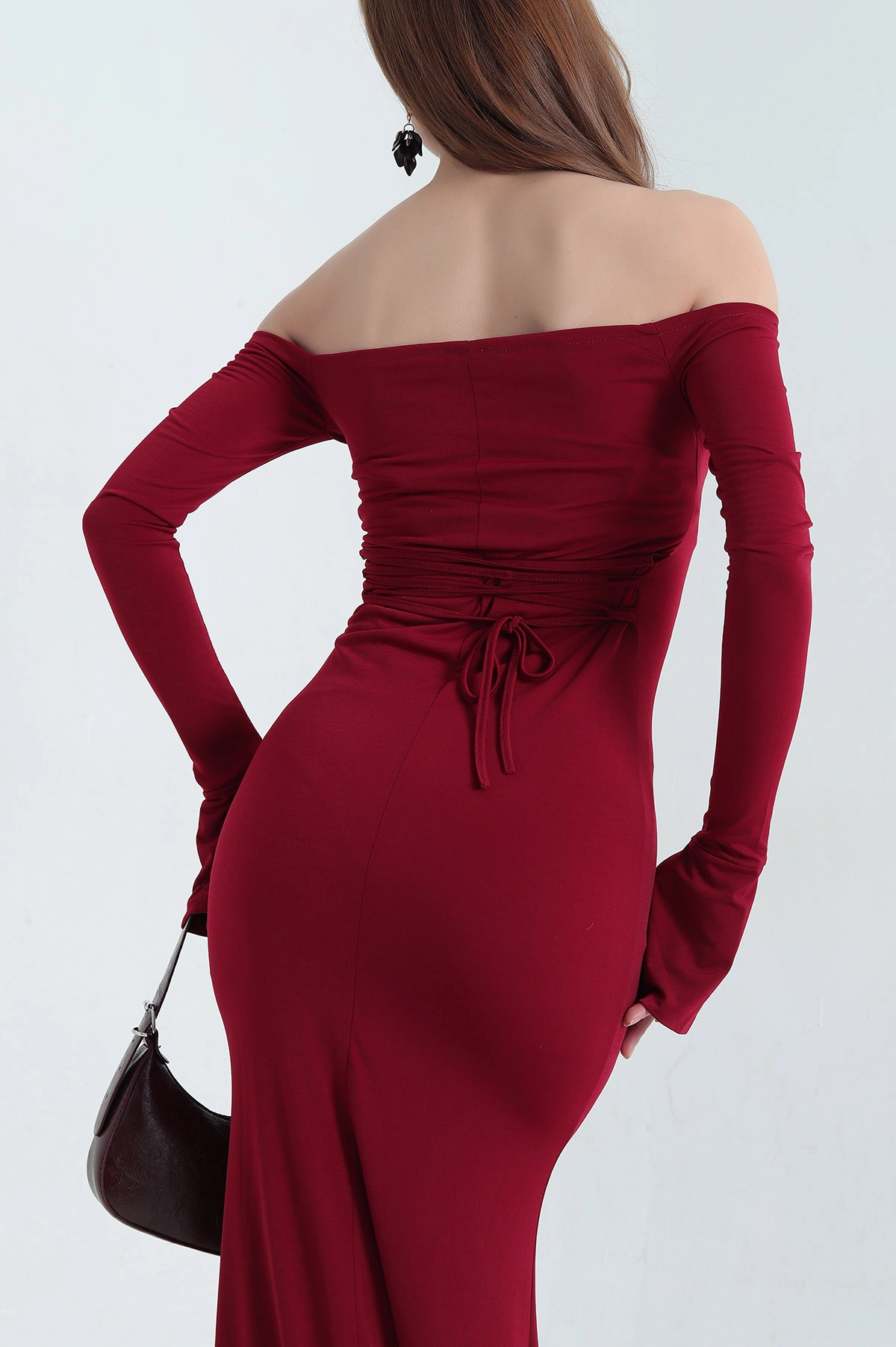 Bordo Sırt Detaylı İspanyol Kol Sandy Elbise 337813
