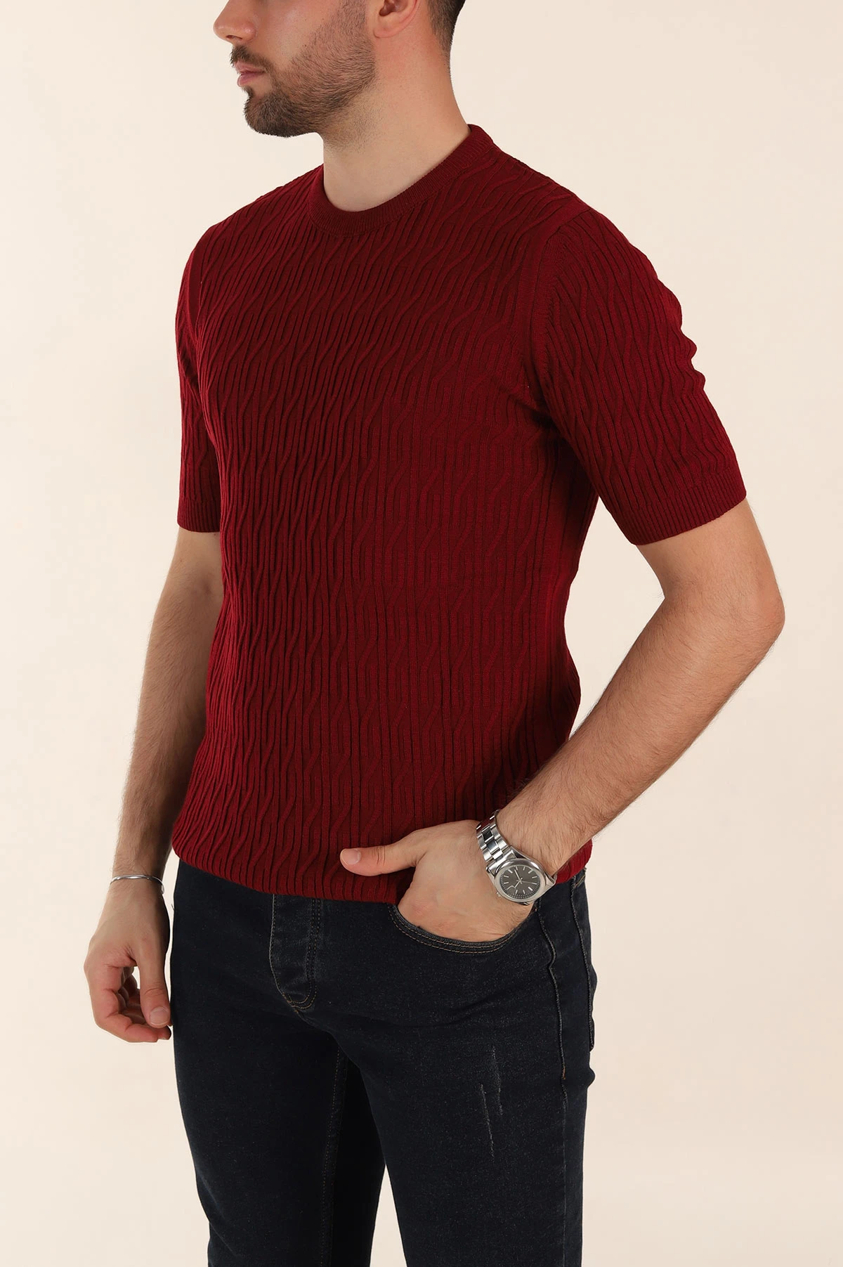 Bordo Slim Fit Dokulu Kısa Kollu Erkek Triko Tişört 338898