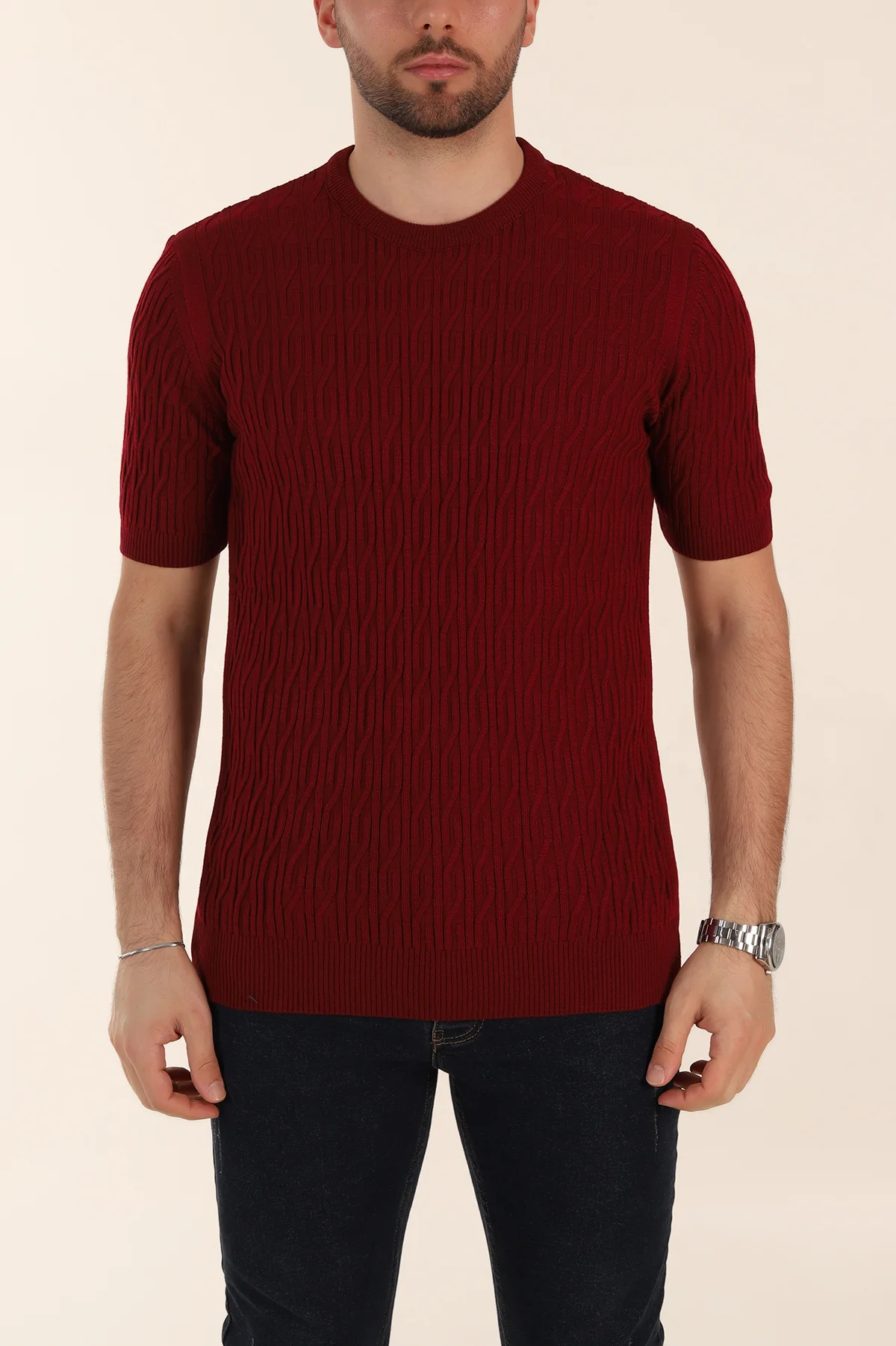 Bordo Slim Fit Dokulu Kısa Kollu Erkek Triko Tişört 338898