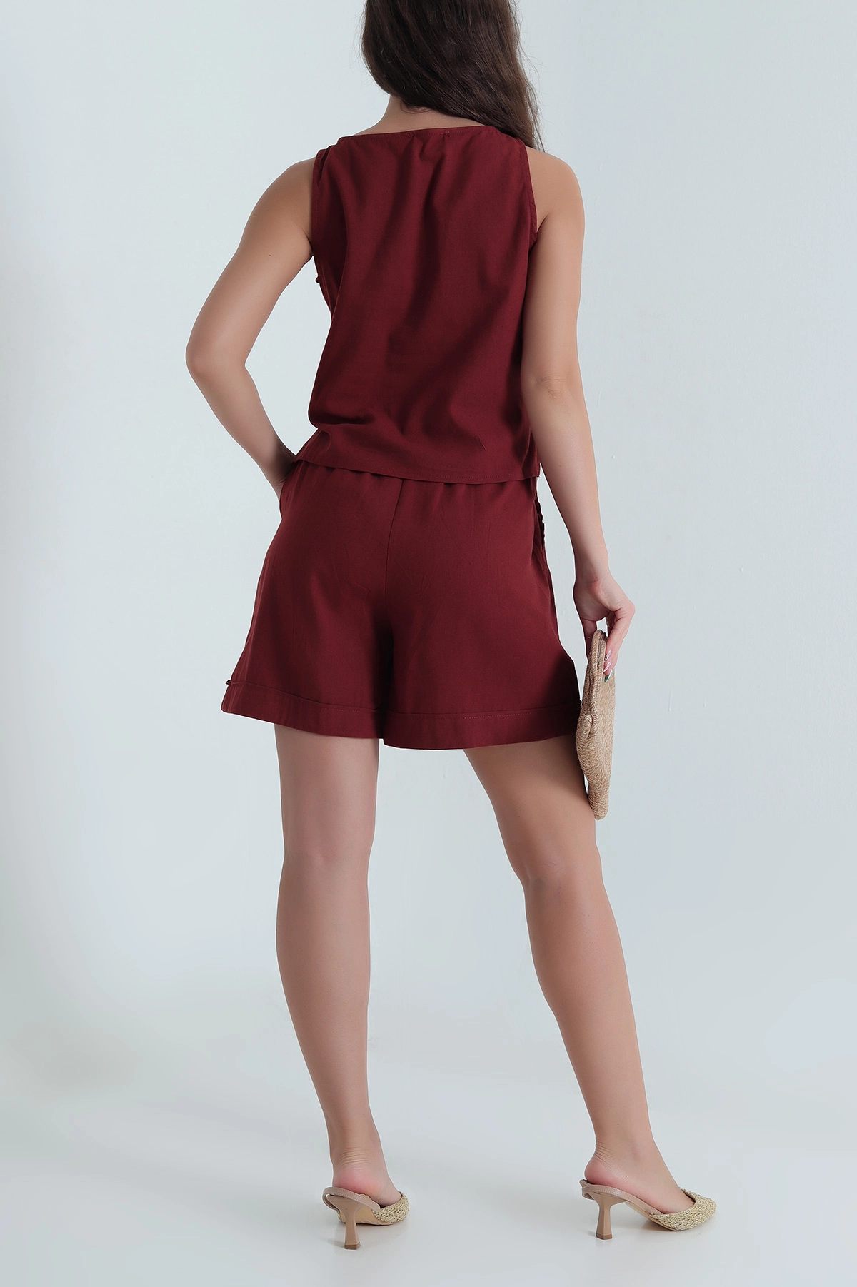 Bordo Şortlu Keten Kadın İkili Takım 468644