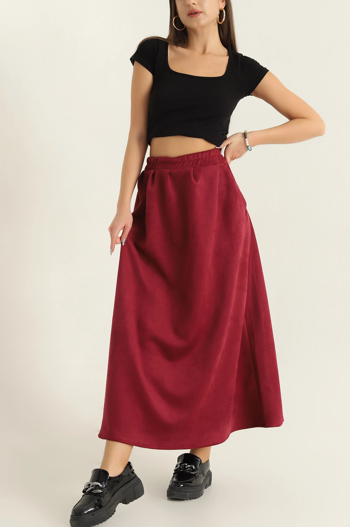 Bordo Süet Beli Lastikli Cepli Çan Etek 320384