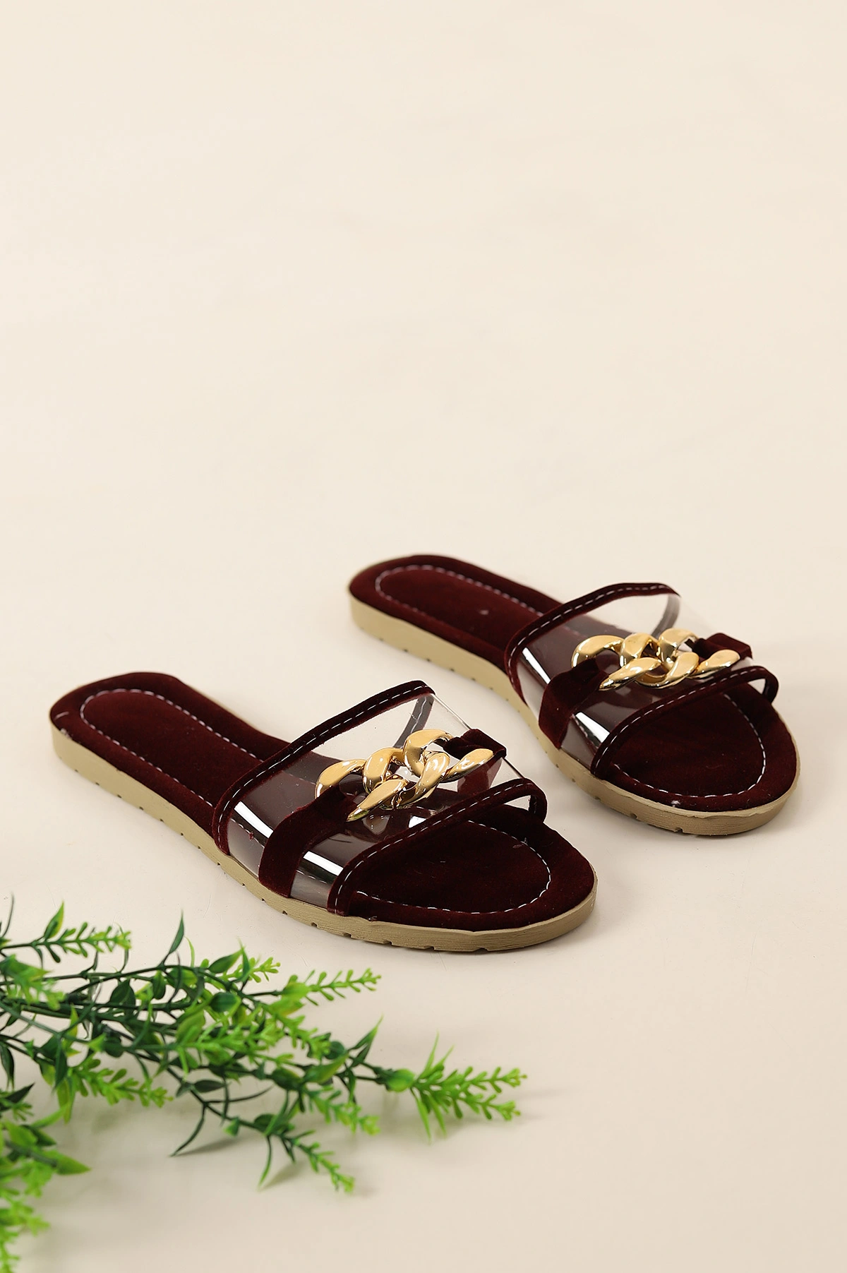 Bordo Süet Şeffaf Gold Zincirli Kadın Düz Terlik 336770