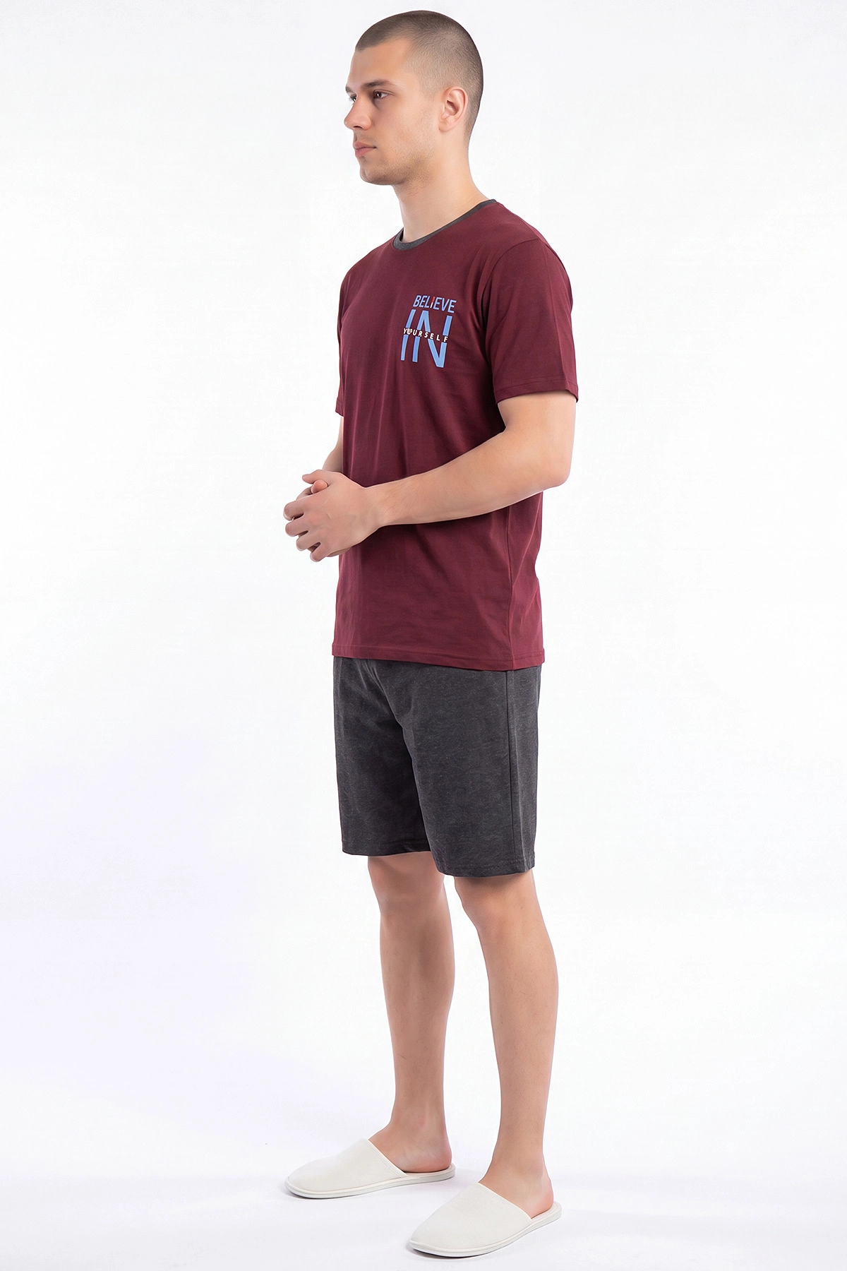 Bordo Süprem Kumaş Bisiklet Yaka Erkek Şortlu Pijama Takımı 469689