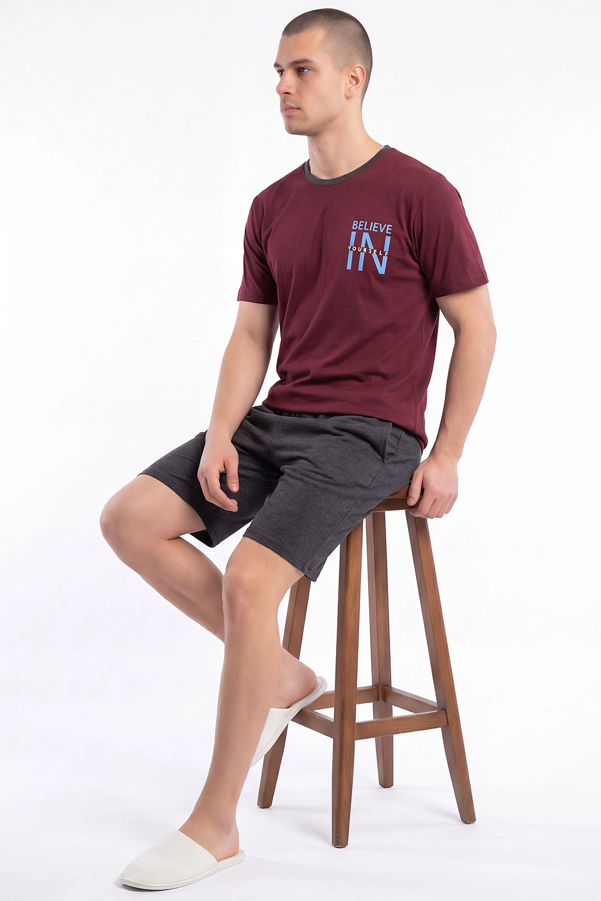 Bordo Süprem Kumaş Bisiklet Yaka Erkek Şortlu Pijama Takımı 469689
