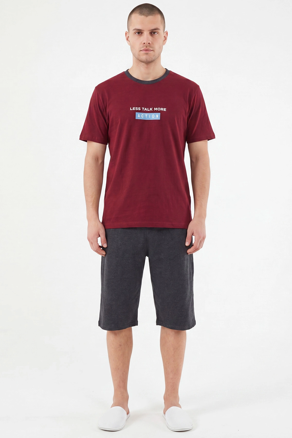 Bordo Süprem Kumaş Nakış Detaylı Erkek Şortlu Pijama Takımı 465814