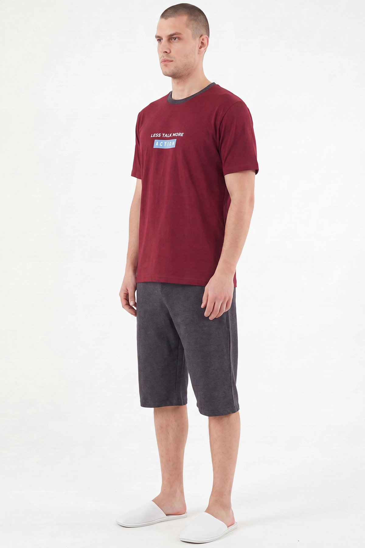 Bordo Süprem Kumaş Nakış Detaylı Erkek Şortlu Pijama Takımı 465814