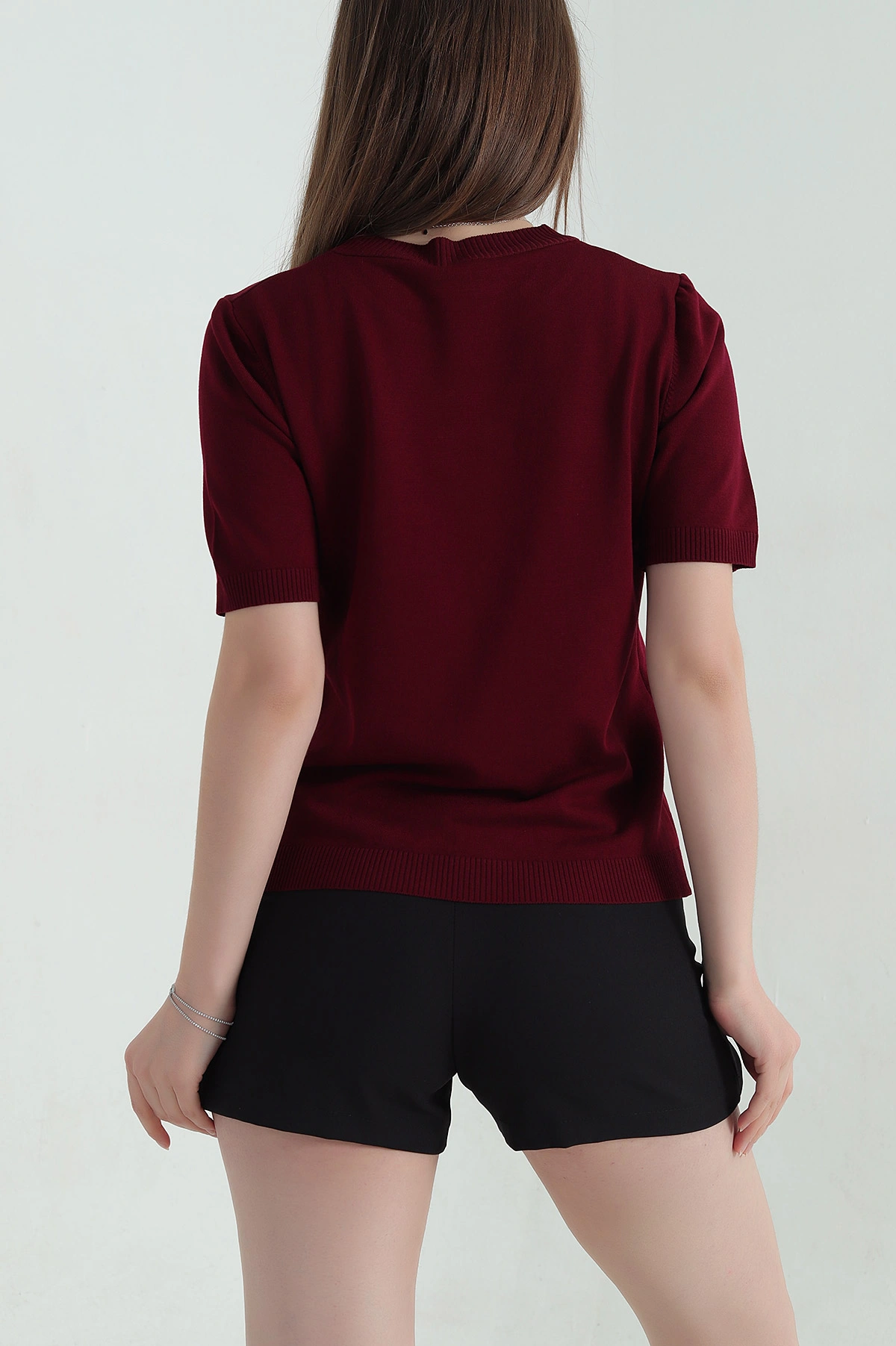 Bordo Taş İşlemeli Recycle Triko Bluz 355402