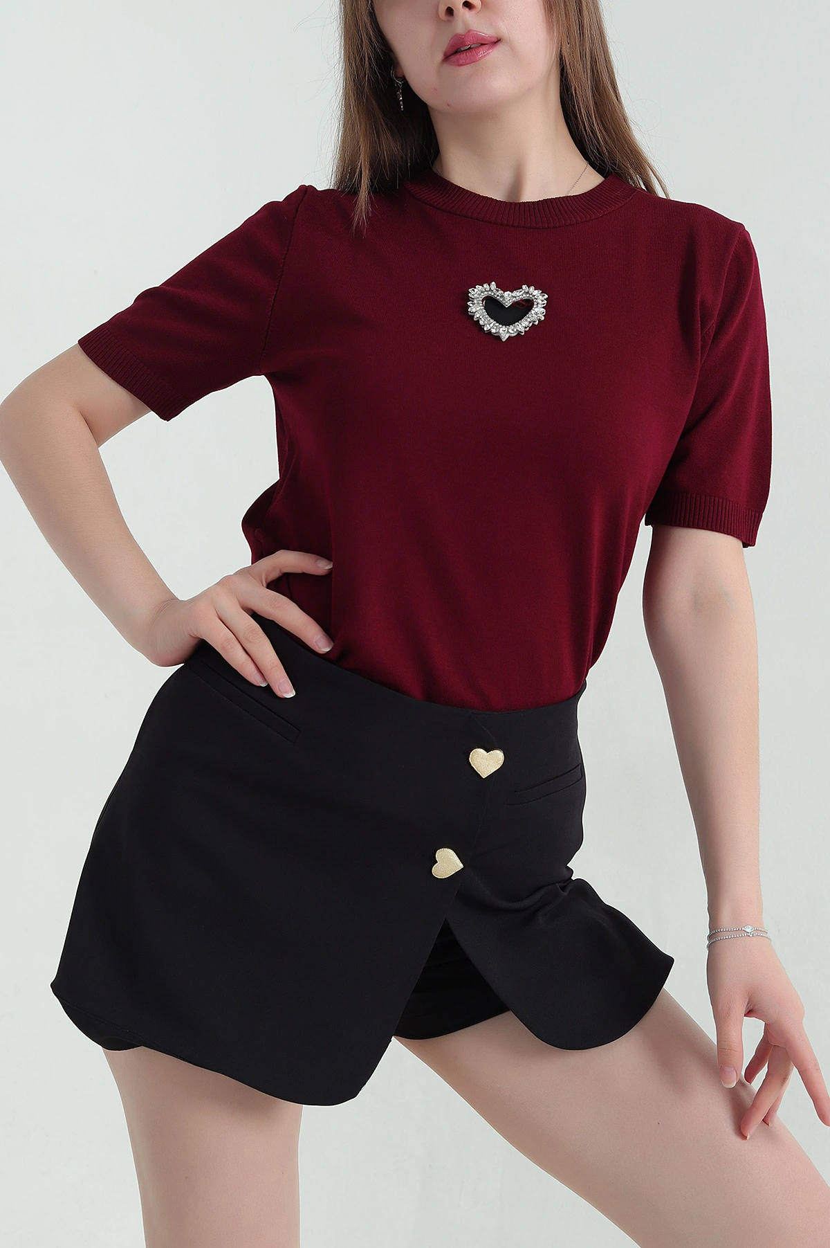 Bordo Taş İşlemeli Recycle Triko Bluz 355402