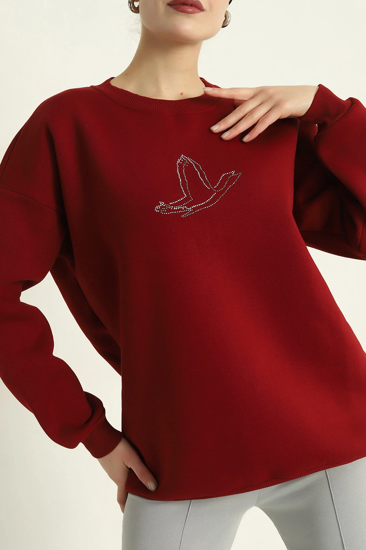 Bordo Taş İşlemeli Şardonlu Üç İp Sweat 328991