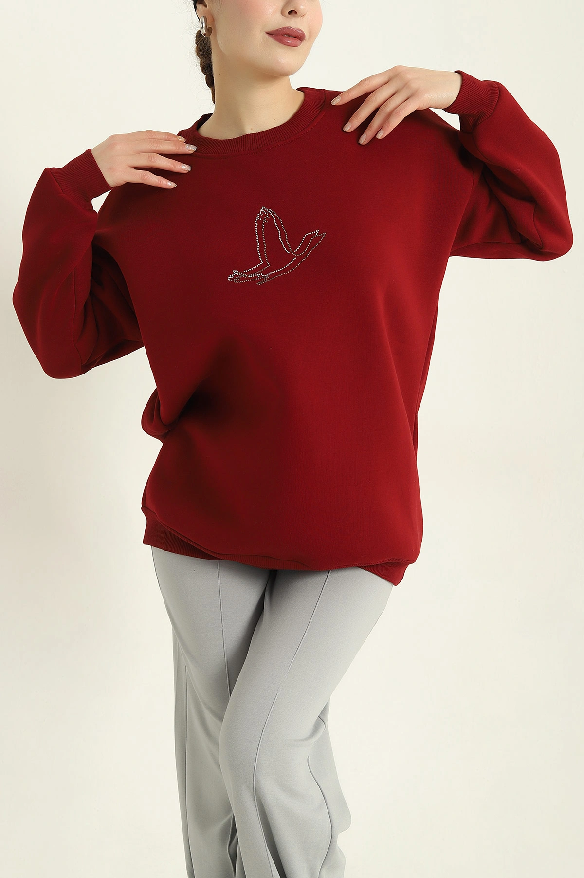 Bordo Taş İşlemeli Şardonlu Üç İp Sweat 328991